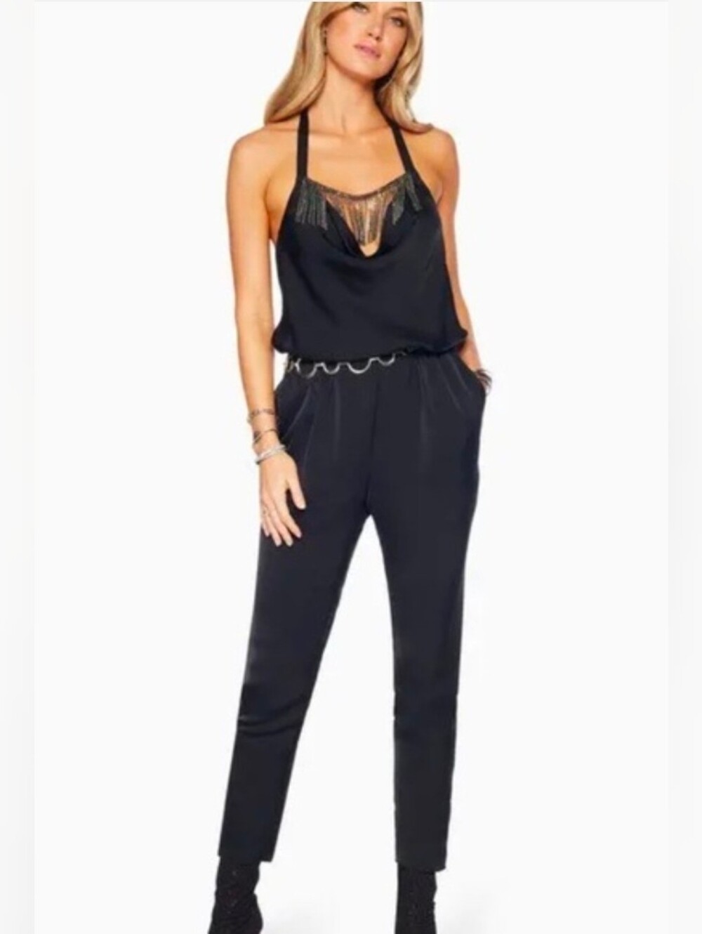 New Ramy Brook $525 MSRP Victoria Halter Jumpsuit Jewel Fringe, Black - Large